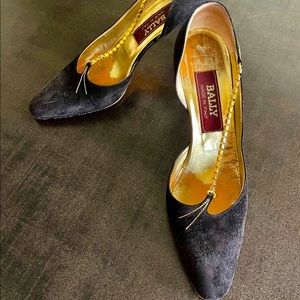 Black velvet Bally heels with gold rhinestones